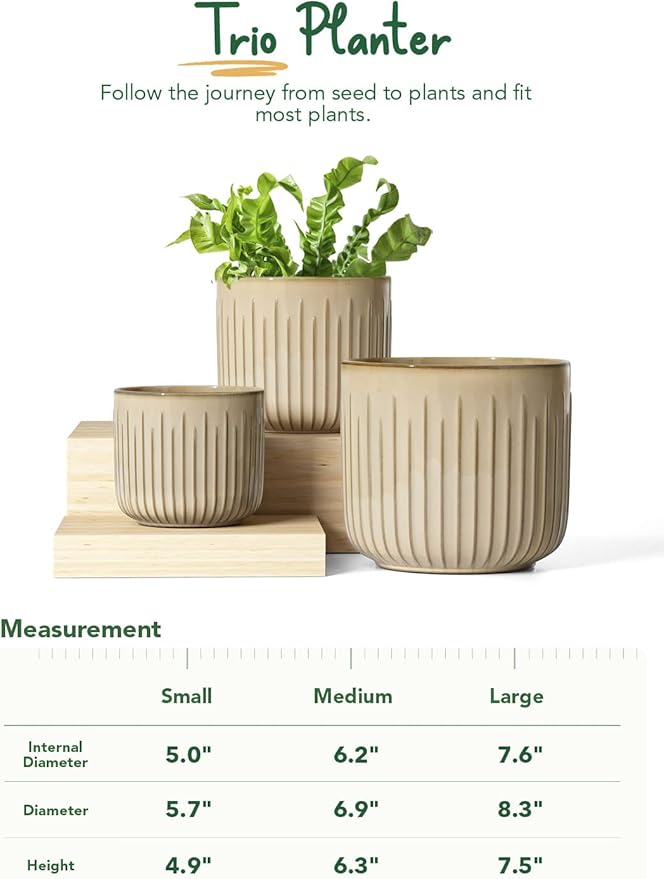 LE TAUCI Ceramic Planters, 8.3+6.9+5.7 Inch Plant Pots for Indoor Plants, Set of 3 Flower Pots with Drainage Holes, Round Planters Pot for Indoor House Plants, Reactive Glaze Cloud Cream