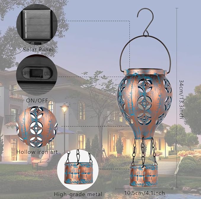 Hot Air Balloon Solar Lantern for Garden Decor,2 Pack Matal Hanging Lantern,Outdoor Metal LED Solar Lights for Yard Patriotic Trees Decor