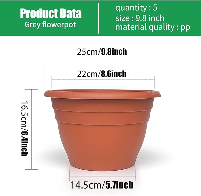 5 Packs Plant Pots, 10 Inch Planters Perfect for Indoor Outdoor Plants, Round Thickened Flower Pots with Drainage Hole, Plastic Garden Plant Planters(Pottery Red)