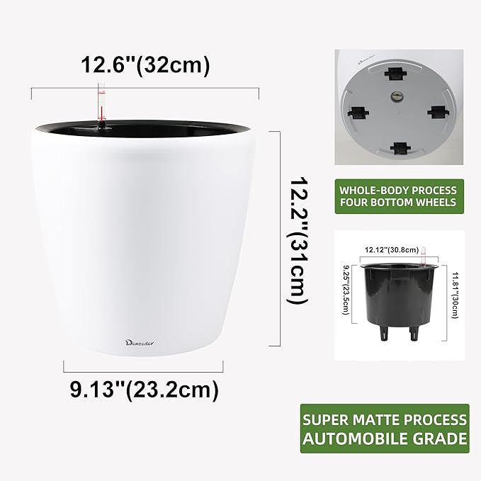 Dexceder 13x12 Self Watering Planter with Wheels Indoor Outdoor, Inner Pot Design, Thickened Large Floor Standing Flower Plant Pot with Water Level Indicator (White Matte)