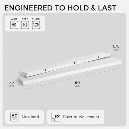 Homeforia Floating White Shelf 60 inches, High End Solid Real Wood 60inch Long - Image 2