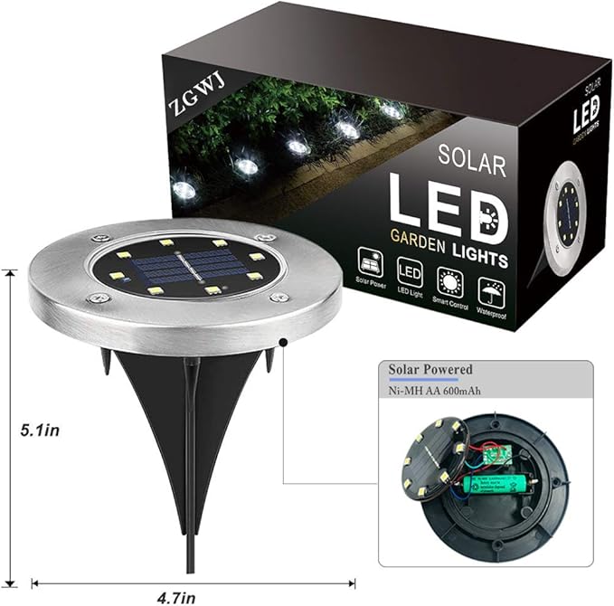 ZGWJ Solar Ground Lights,8 LED Disk Lights Upgraded Outdoor Garden Lights Landscape Lights for Lawn Pathway Yard Deck Patio Walkway White, 8 Pack