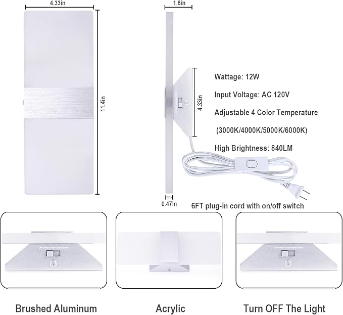 TRLIFE Modern Wall Sconce, Adjustable 4 Color Temperature LED Wall Sconce Plug - Image 3