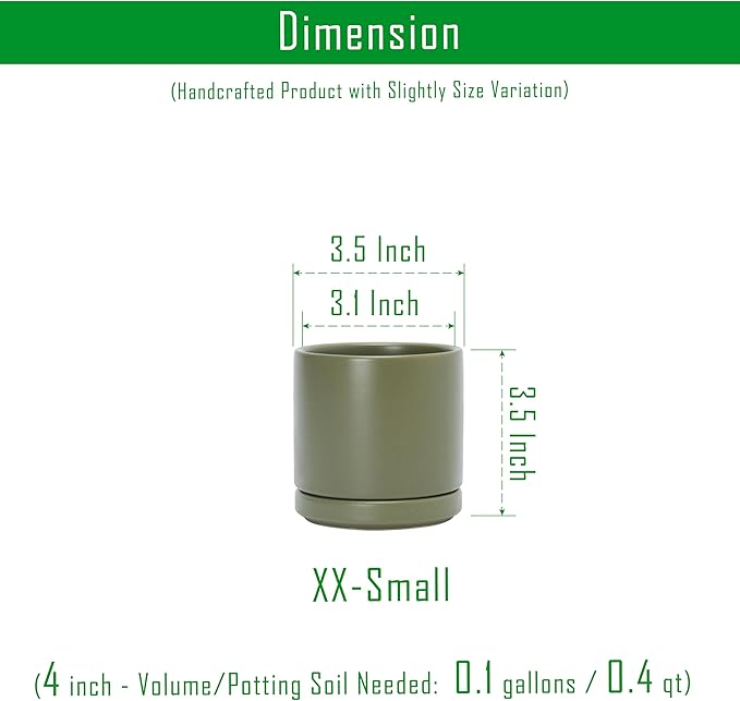 D'vine Dev Set of 4 Small Ceramic Plant Pots, 3.5 Inch Succulent Planter Pot for Plants with Drainage Hole and Saucer, Olive, 94-X-A-0