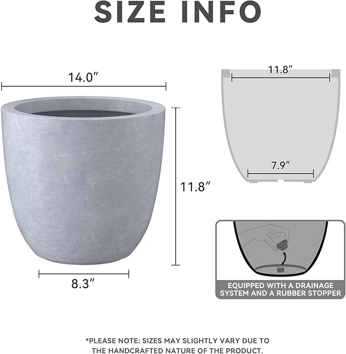 Kante 14 Inch Dia Round Concrete Planter, Indoor Outdoor Large Plant Pot with Drainage Hole and Rubber Plug for Home Patio Garden, Gray