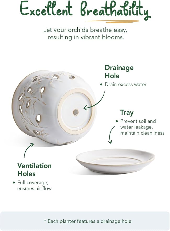 LE TAUCI Ceramic Orchid Pot, 6.5 Inch Orchid Pots with Holes, Orchid Planter for Repotting, Indoor Flower Plant Pot with Drainage and Saucer, Arctic White