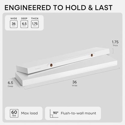 Homeforia White Floating Shelves 36 inch, High End Solid Real Wood 36inch - Image 2