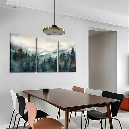 AKWISH Framed Green Forest Canvas Wall Art Set of 3, Boho Misty Watercolor Pine - Image 2