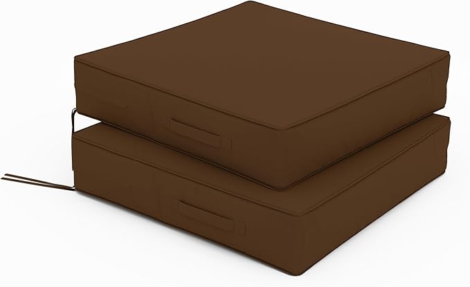Patio Chair Cushions 24 X 24 X 5 Inch Waterproof Outdoor Seat Cushions for Patio Furniture, Outdoor Sofa Couch Pads with Ties & Handle, Set of 2, Chocolate