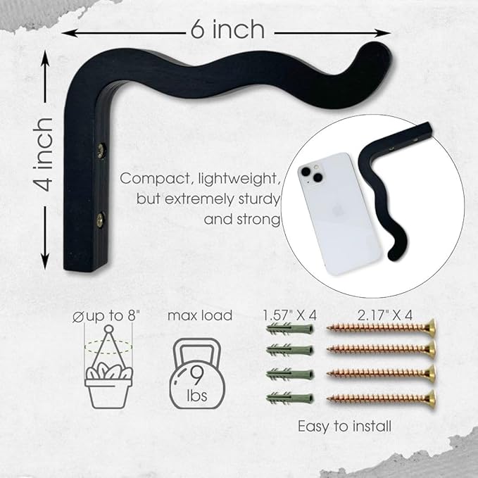 2-Piece Set of Wavy Wooden Wall Planters for Indoor Plants 6 Inch - Natural Plant Hook for Wall Plant, Wind Chimes, Flower Brackets, Patio Garden Decorations - Bracket Plant Hanger (Black)