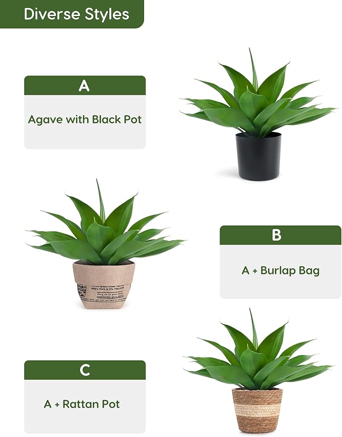 Velener Fake Agave with Black Pot, Artificial Plant Outdoor Agave - Fake Plants for Indoor and Outdoor Decor(16 Inch)