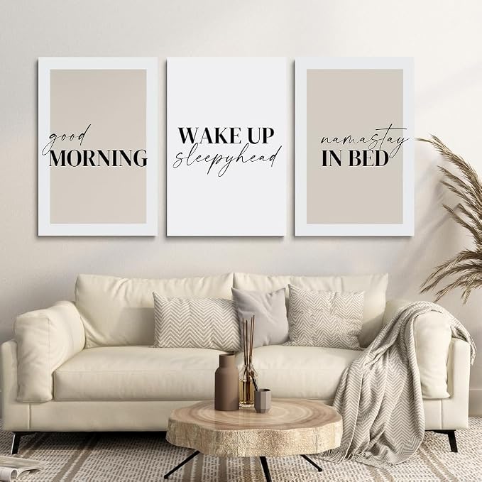 GUBIYU Bedroom Prints Set of 3, Above Bed Decor, Good Morning Namastay in Bed - Image 3