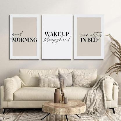 GUBIYU Bedroom Prints Set of 3, Above Bed Decor, Good Morning Namastay in Bed - Image 3
