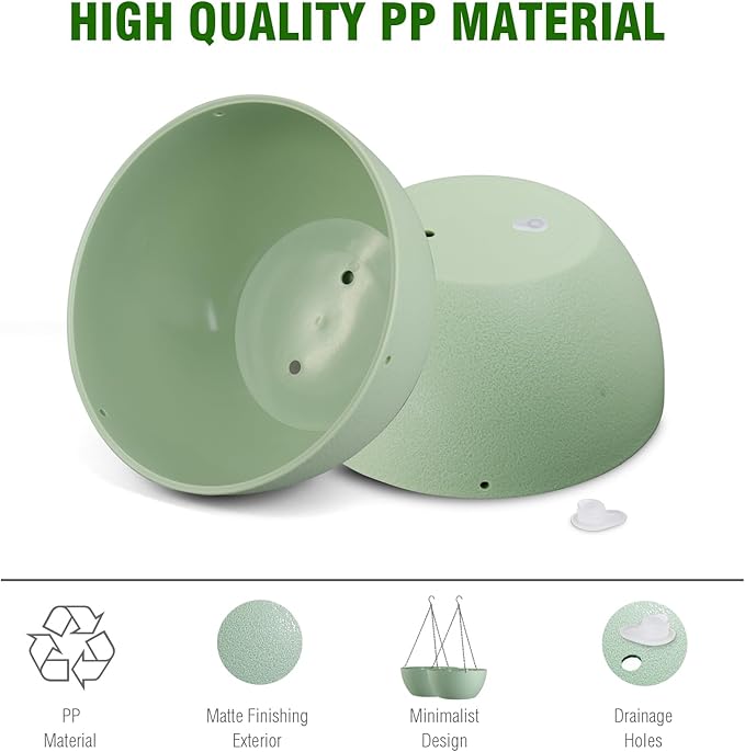 10 inch Hanging Planters for Outdoor Indoor Plants with Drainage Holes and Chain, 2 Pack Round Hanging Flower Pots for Garden Home Porch Decor,Green
