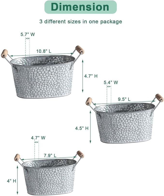 Galvanized Oval Planter Tubs for Outdoor Plants - Farmhouse Small Metal Tin Buckets with Drain Hole & Rubber Plug Medium Plant Containers with handles vintage style for decor, Set of 3 (Stone Pattern)