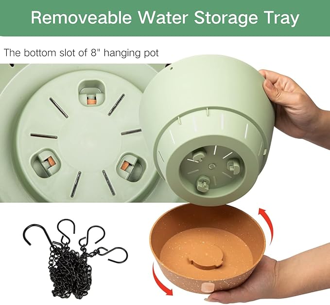 QCQHDU 2 Pack 8 inch Hanging Planters for Indoor Plants, Outdoor Hanging Baskets, Self Watering Pots with Drainage Holes & Removable Tray (Green, 8 inch)