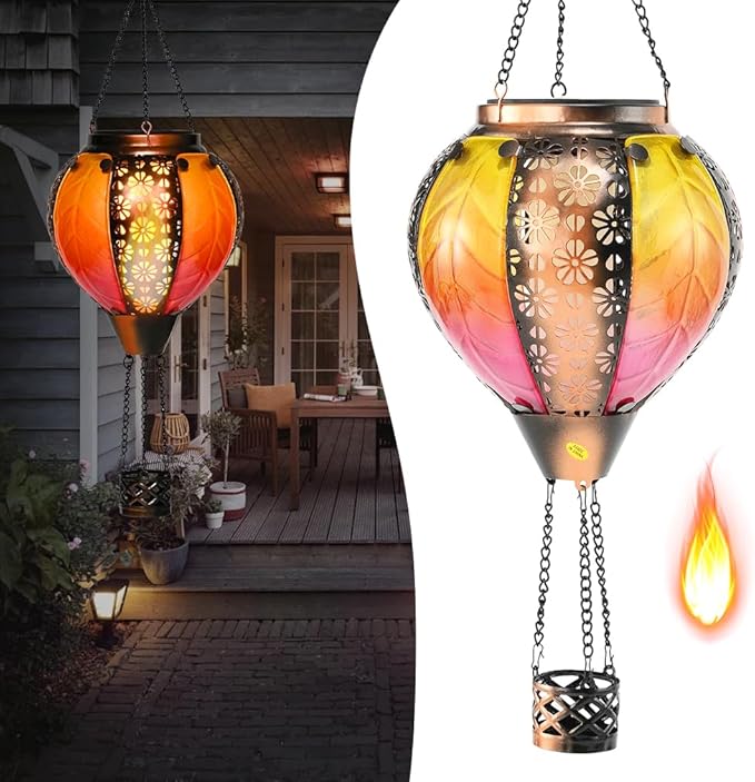 Hot Air Balloon Solar Lantern - Stained Glass Lantern with Simulated Flickering Flame, Outdoor Hanging Yard Light Waterproof IP65 & Weather Resistant for Garden Patio Lawn Porch Decor Gfit