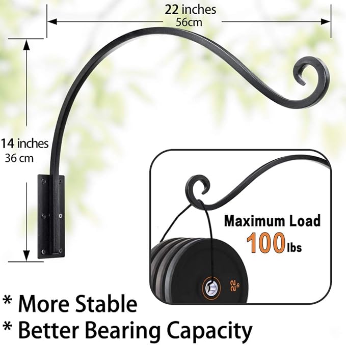 Heavy Duty Plant Hanger Bracket (22"/Black) Outdoor Hand-Forged Hanging Plant Bracket Durable and Stable Bird Feeder Hanger
