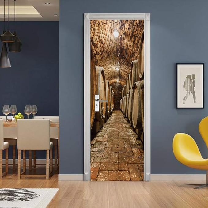 3D Door Stickers Murals Peel and Stick - Wine Cellar - Door Wallpaper Self-Adhesive Door Decals Removable PVC Waterproof Door Poster for Bedroom Living Room Door Decoration 31.5" x 78.7"