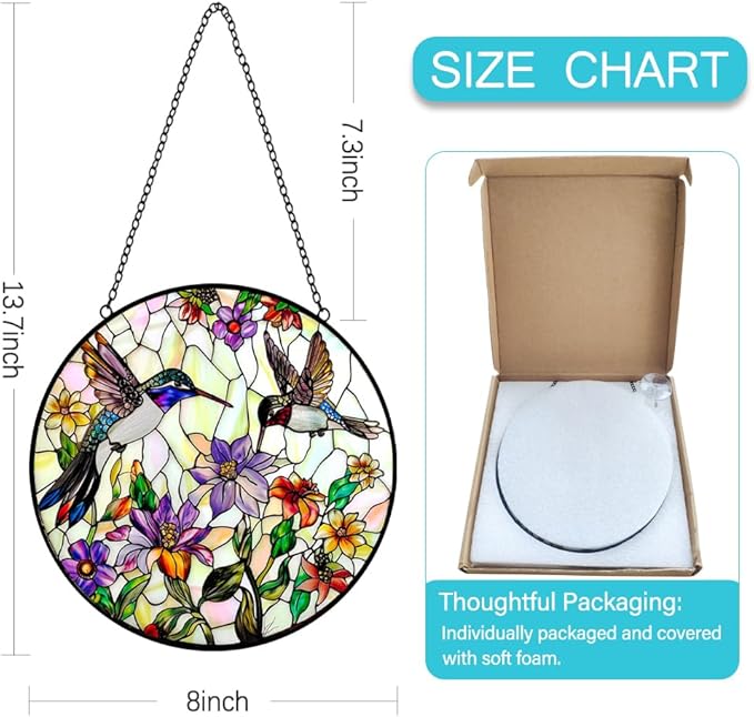 Hummingbird Suncatcher Stained Glass Window Hanging - Bird and Flowers Suncatchers for Windows - Sun Catchers Indoor Window Wall Art Home Decor Panel - Hummingbird Gifts for Women Men Mom Bird Lovers