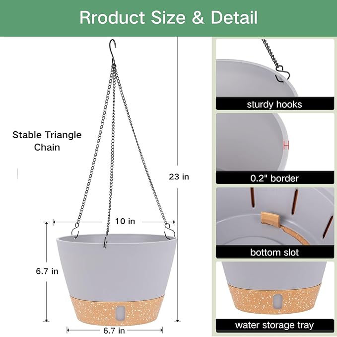 QCQHDU 2 Pack 10 inch Hanging Planters for Indoor Plants, Outdoor Hanging Baskets, Self Watering Pots with Drainage Holes & Removable Tray (Light Grey, 10 inch)