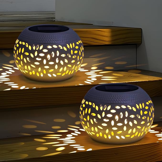 Solar Lantern Outdoor Table Light,2 Pack Solar Lanterns Outdoor Waterproof Decor, Hollow Out Retro White Metal Solar Patio Lights,Yard Porch Garden Balcony Indoor Desk Bedroom Tabletop Decorations
