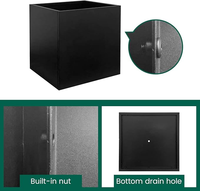 Galvanized Steel Planter Box Black Metal Planter Large Square Indoor Outdoor Planters Cube Steel Heavy Duty Flower Pot 16Inch Powder Coating Modern Commercial Residential for Patio, Deck, Yard, Garden
