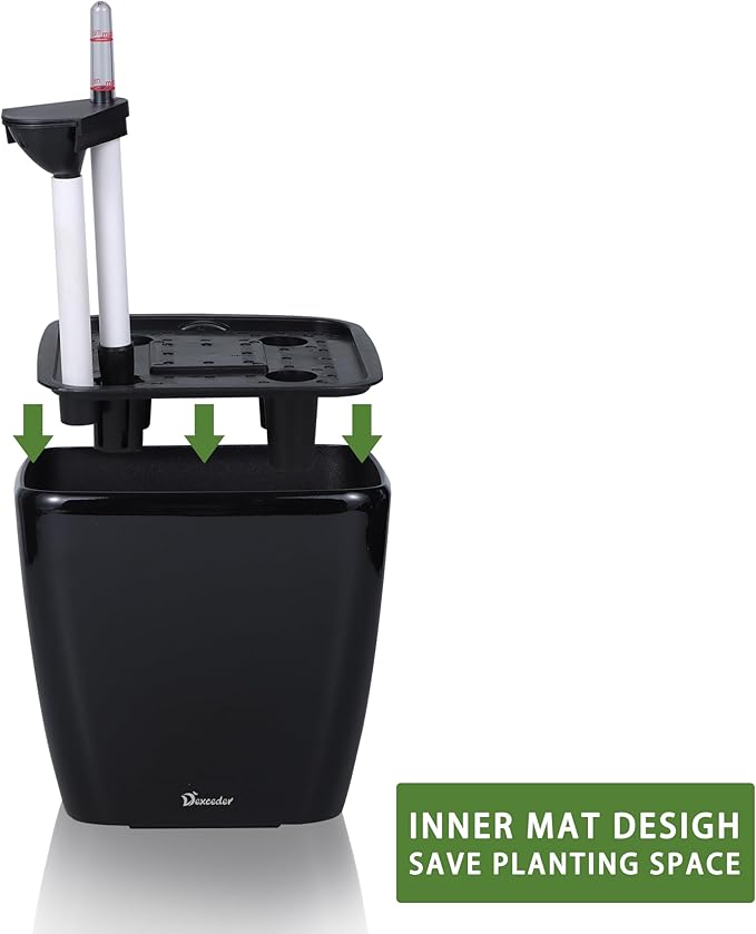 Dexceder 9x8 Self Watering Planter Indoor Outdoor, Inner Mat Design, Thickened Table Flower Plant Pot with Water Level Indicator (Black High Gloss)