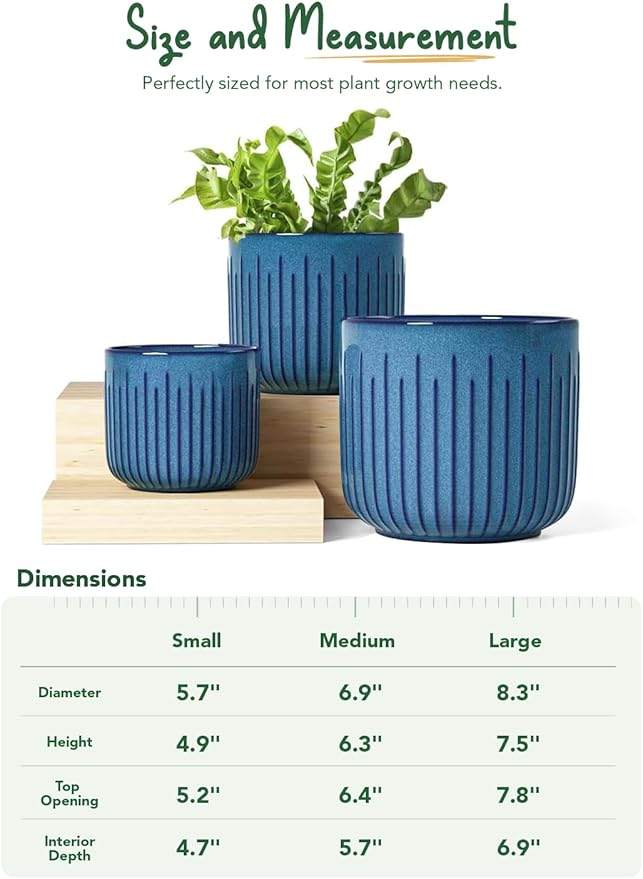 LE TAUCI Fluted Ceramic Planters Set of 3 – 8.3/7 / 5.7 in Ocean Blue Reactive Cylinder Indoor Plant Pots with Drainage Plug & Mesh, Glossy Stoneware Flower Pots for Succulents Herbs
