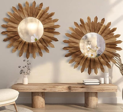 LOSOUR 2 Pack 22 Inch Boho Wall Sunburst Mirror Rustic Round Wood Decorative by LOSOUR