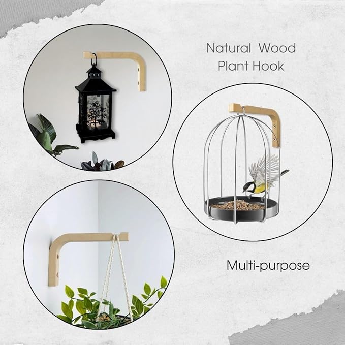 2-Piece Set of Plant Hooks for Wall 6 inch - Mounted Wooden Plant Hook - Indoor and Outdoor Bracket Plant Hanger for Planters, Lanterns, Bird Feeders, Patio Decorations (Natural)