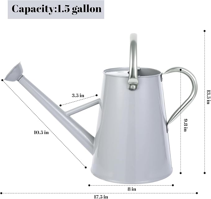 1.5 Gallon Watering Can for Outdoor Plants,Large Metal Plant Watering Pot with Removable Spout,Flower Garden Water Can Watering Pot,Galvanized Steel Watering Can with Stainless Steel Handles，Grey