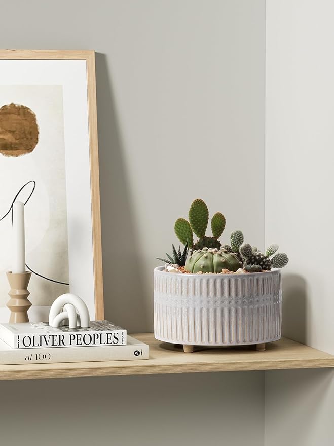 LE TAUCI Succulent Pots, 6.5+8 Inch Ceramic Indoor Plant Pot with Drainage Hole, Modern Round Decorative Flower Pot, Set of 2, Reactive Glaze Star White