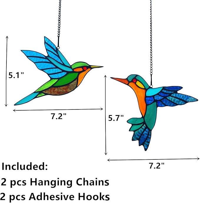 2 Packs Stained Glass Hummingbird Suncatcher Window Hanging Ornament, Stained Glass Birds Suncatcher for Window Decor, Hummingbird Gifts for Women, Mom, Birds Lovers