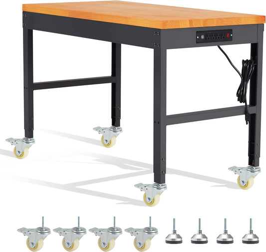 HABUTWAY Height Adjustable Workbench with Wheels 48" x 24" 2000 Lbs Capacity Solid Wood Work Station Heavy-Duty Rolling Work Tables for Garage Party Shop Office