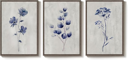 Framed Boho Floral Wall Art for Living Room, 3 Piece Blue Minimalist Botanical - Image 9