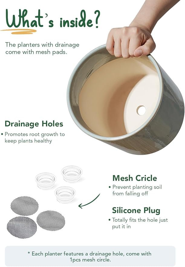 LE TAUCI Ceramic Plant Pots Indoor, 10+8+6 Inch Planters for Indoor Plants, Mid-Century Modern Flower Pots with Drainage Hole and Plug, Cylinder Round Planters, Set of 3, Blue Gray