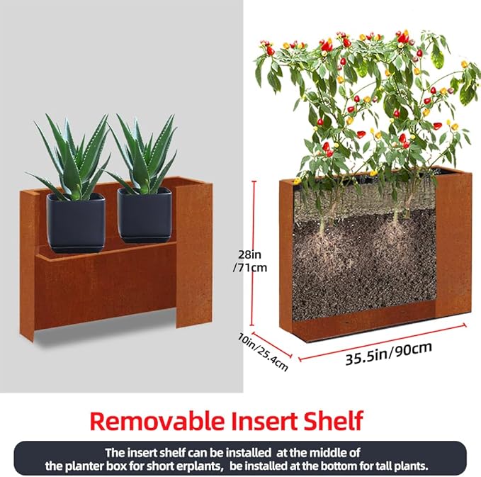 Metal Tall Long Planter Box Large Rectangular Planter Flower Pot with Drainage Holes for Indoor Outdoor Deck Porch Garden Home Patio Front Door (Rusty Orange, M)