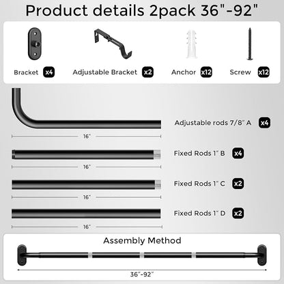2 Pack Curtain Rods 36-88 Inch, 1 Inch Adjustable Heavy Duty Room Darkening - Image 7