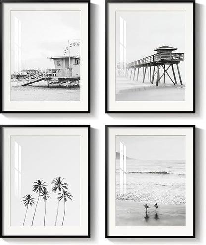 Framed Black and White Beach Wall Art, 4 Piece Coastal Photography Canvas by MXART