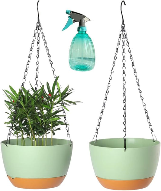 2 Pack Plastic Hanging Planters 10 Inch Hanging Pots with Drainage Hole for Indoor Outdoor Plants, Round Hanging Basket with Removable Tray for Home Garden Porch Balcony Patio Decor