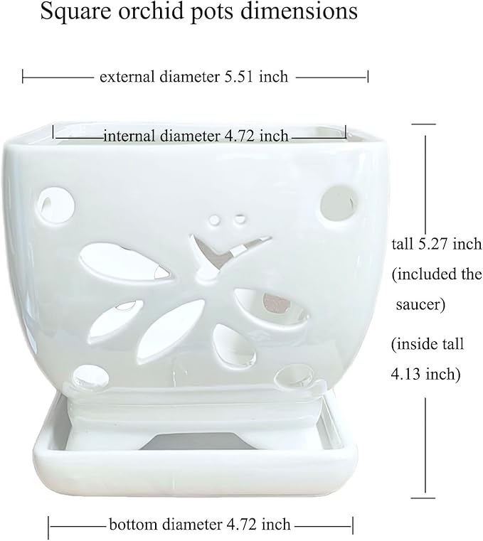 Orchid Pots with Holes Square Ceramic Orchid Planter Pots 5.5 inch (White)