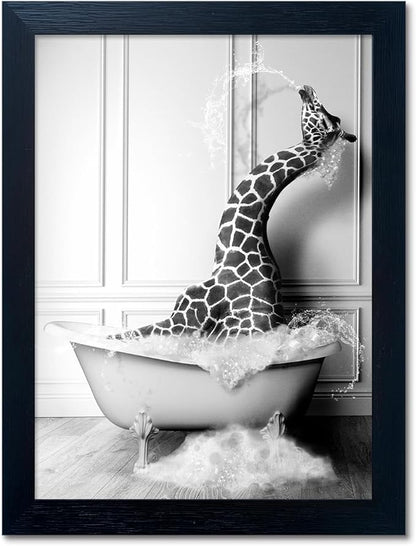 Black and White Bathroom Wall Art Funny Giraffe in Bathtub Wall Decor Framed by Melpa+Art