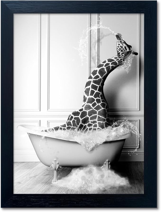 Black and White Bathroom Wall Decor Funny Giraffe in Bathtub Decor Framed by Melpa+Art