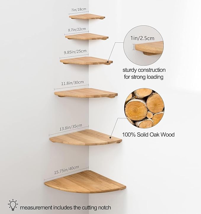Corner Shelf, Solid Oak Wood Floating Corner Shelf Wall Mount Round End - Image 7