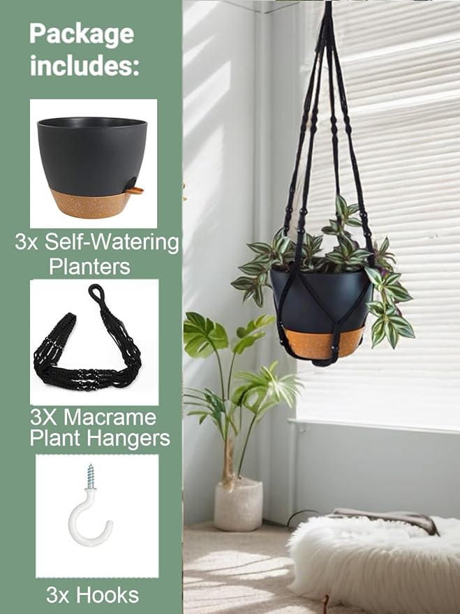 3 Pack Self Watering Hanging Planters Macrame Plant Hangers with Indoor Flower Pots, 3 Different Size Hanging Basket, Plant Hanger with Hooks for Garden Home Decor Black