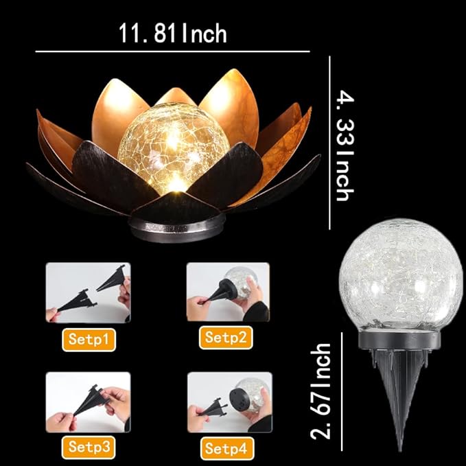 12 inches Solar Lights Outdoor Garden, Crackle Globe Glass Lotus Decoration, Waterproof LED Metal Flower Lights for Patio,Lawn,Walkway,Tabletop,Ground Gardening Gifts (Copper Color)