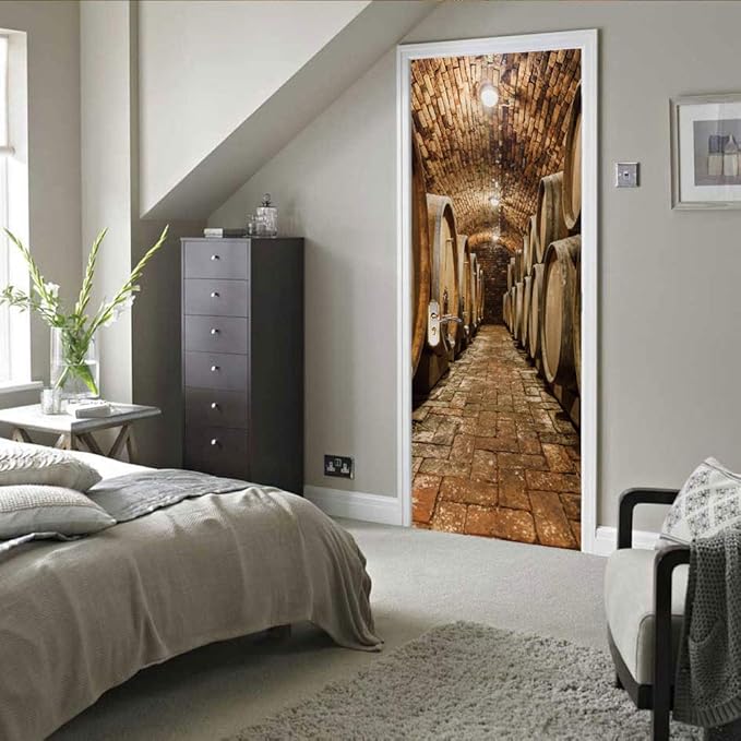 3D Door Stickers Murals Peel and Stick - Wine Cellar - Door Wallpaper Self-Adhesive Door Decals Removable PVC Waterproof Door Poster for Bedroom Living Room Door Decoration 37.4" x 78.7"