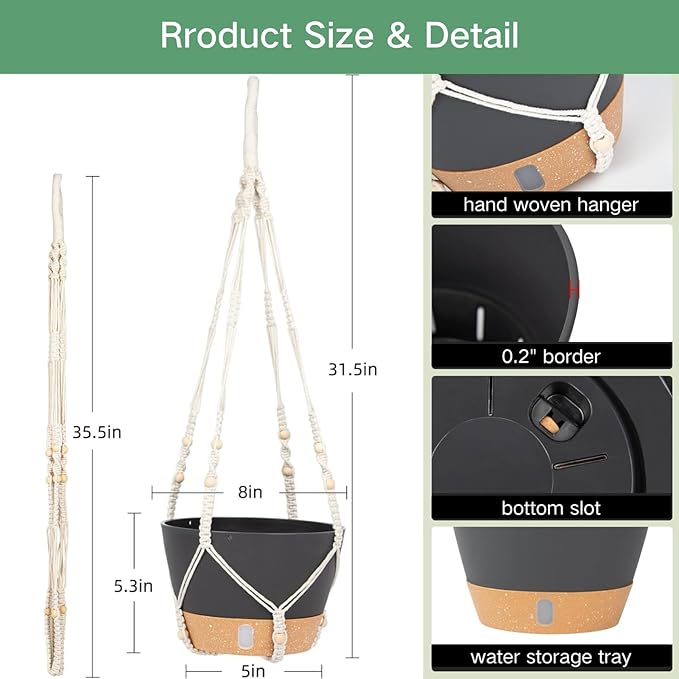 QCQHDU 2 Pack Hanging Planters for Indoor Plants, Outdoor Hanging Baskets, Self Watering Pots with Drainage Holes & Removable Tray (Dark Grey, 8 inch, Macrame Hanger)