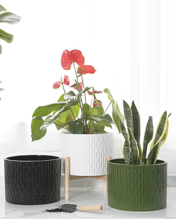 LaDoVita Ceramic Plant Pot with Stand, 10 Inch Planter with Wood Shelf, Modern Round Flower Pots Indoor with Wood Planter Holder, Black Water Ripple Pattern